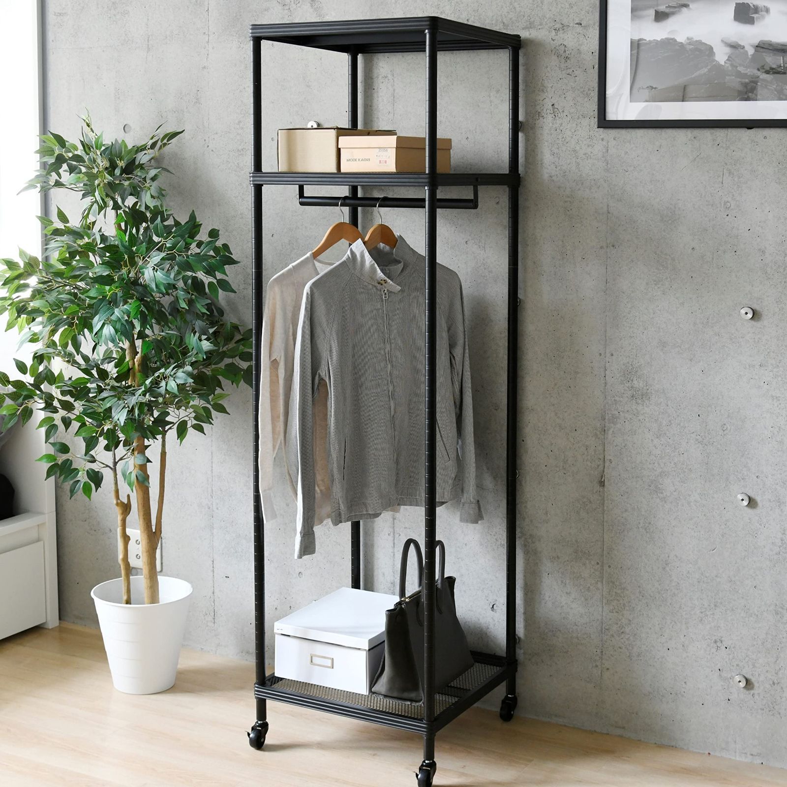 ハンガーラック スリム 頑丈 幅50.5×奥行50.5×高さ182cm 全体耐荷重60㎏ 服 カバン 小物がこれ1つで収納できる 棚板可動 組立品 ブラック