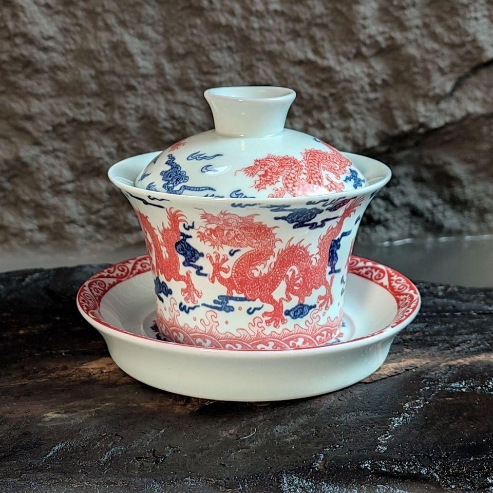 景徳鎮 青花釉里紅三才蓋碗 茶碗 煎茶器 未使用品 青花釉里紅祥龍三才蓋碗 中国茶器 景徳? 蓋付き茶器 飲茶食器