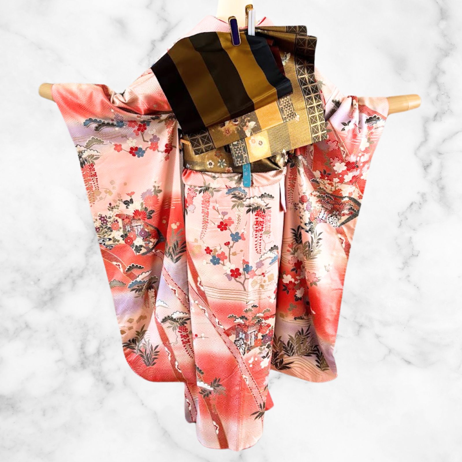 Furisode Kimono Full Set Pink with Floral Design Reversible