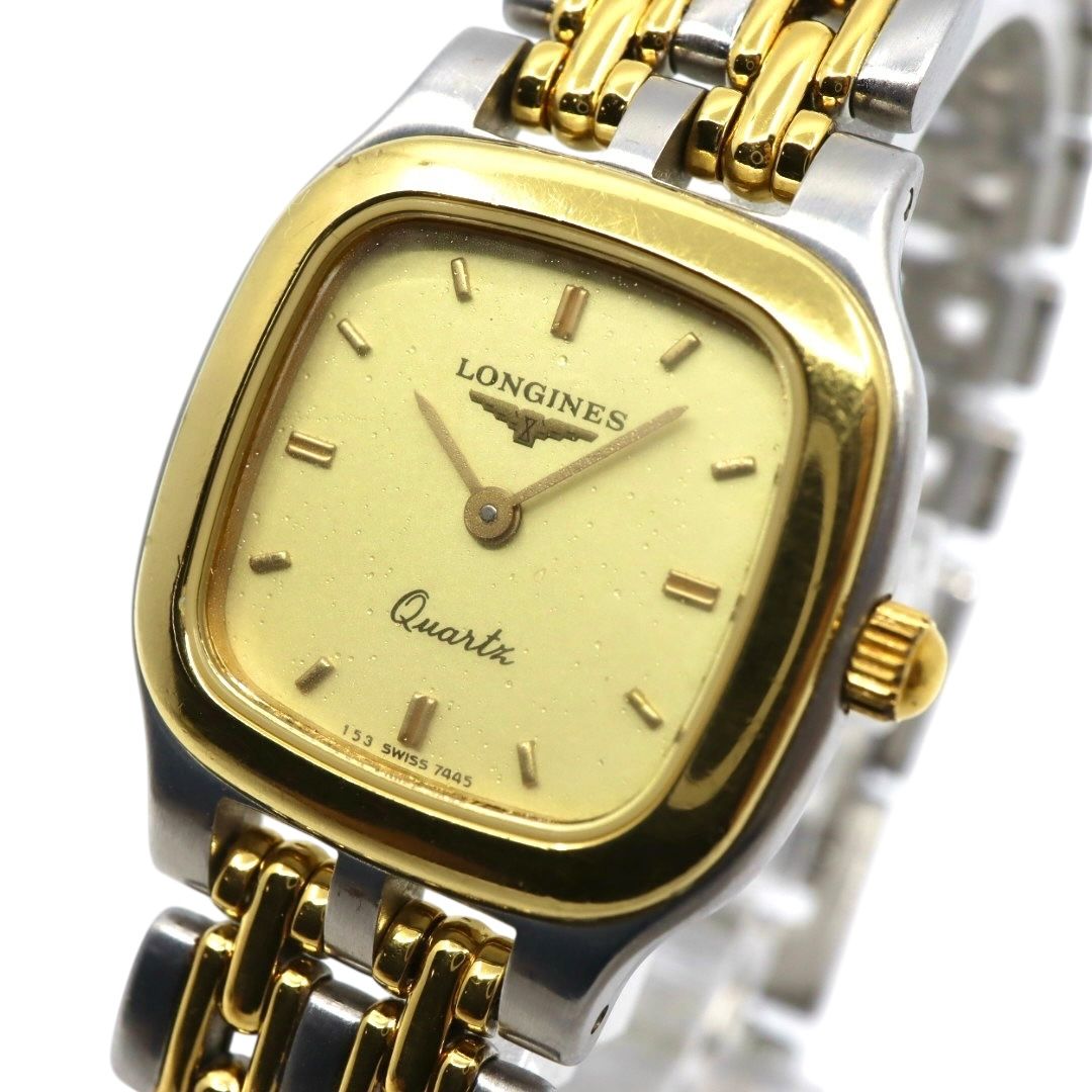 |稼働品|電池交換済 ロンジン LONGINES 腕時計 7445 レディース クオーツ アナログ スクエア ゴールド文字盤 コンビブレス ヴィンテージ クラシック エレガント ドレスウォッチ SWISS MADE クリーニング済 G2