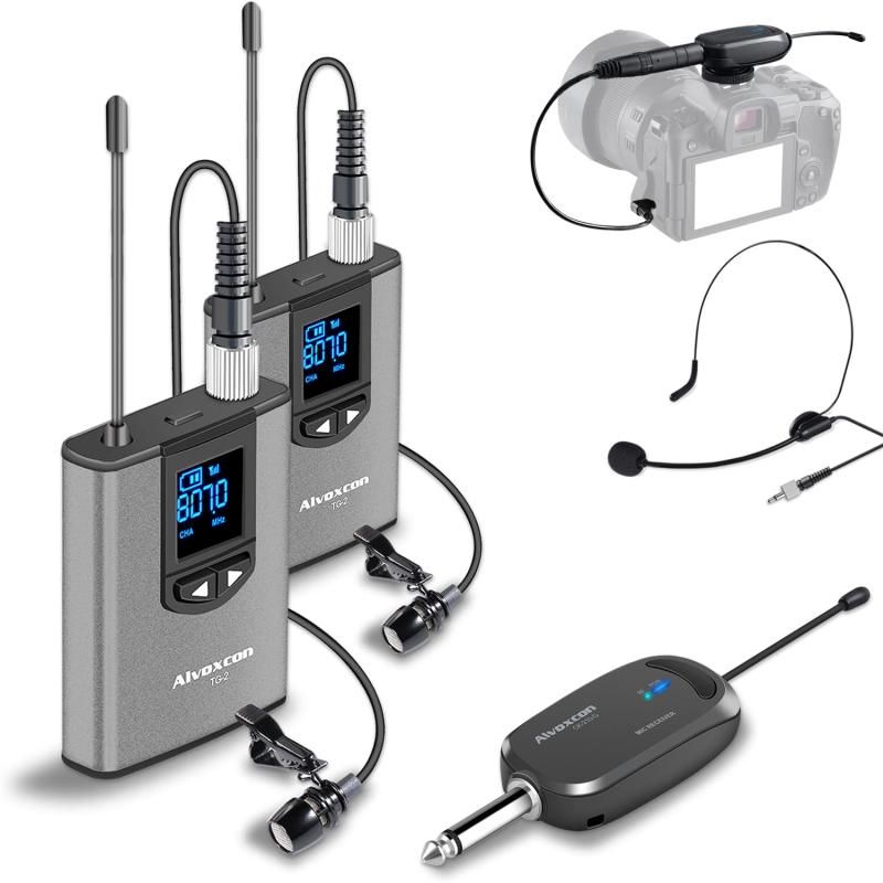 Alvoxcon ワイヤレスマイク UHF ピンマイク ワイヤレス ヘッドセットマイク クリップマイク ハンズフリーマイク 無線マイク 動画撮影 録音 拡声 カメラ スマホ 軽量 日本語取扱説明書付き