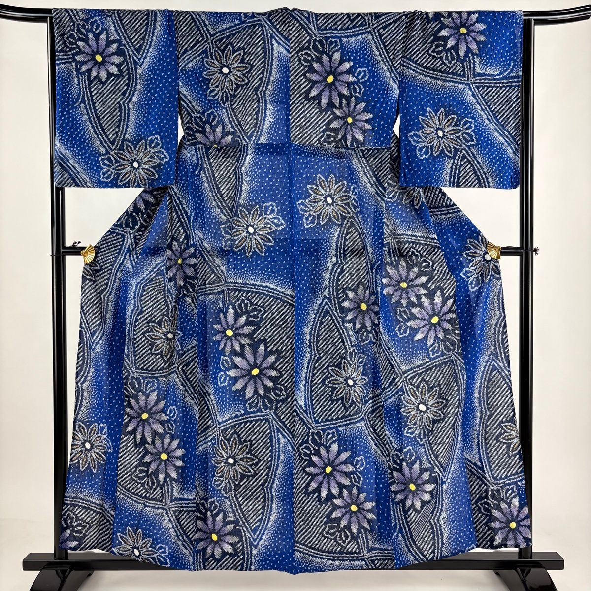 浴衣 身丈156cm 裄丈65.5cm M 絞り浴衣 花 縞 青 綿 名品