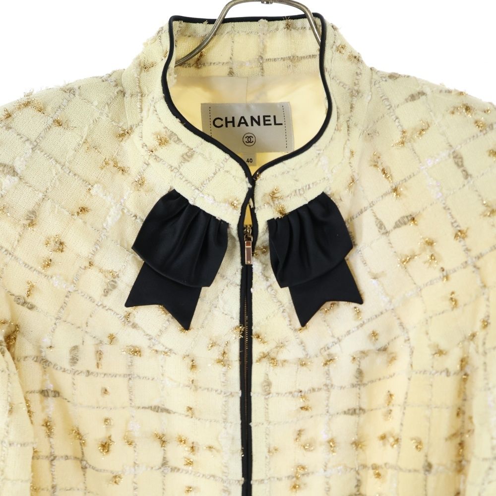  CHANEL シャネル ココマーク 裏地シルク リボンモチーフ スタンド ツイードジャケット ホワイト ゴールド レディース 長袖 シャツ ブラウス