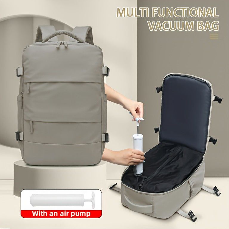 発送 真空圧縮 トラベルバックパック エアポンプ付属 17インチPC収納 超軽量ナイロン製 ビジネス出張 ジム 通勤に最適 グレーブラウン エアポンプ × 1