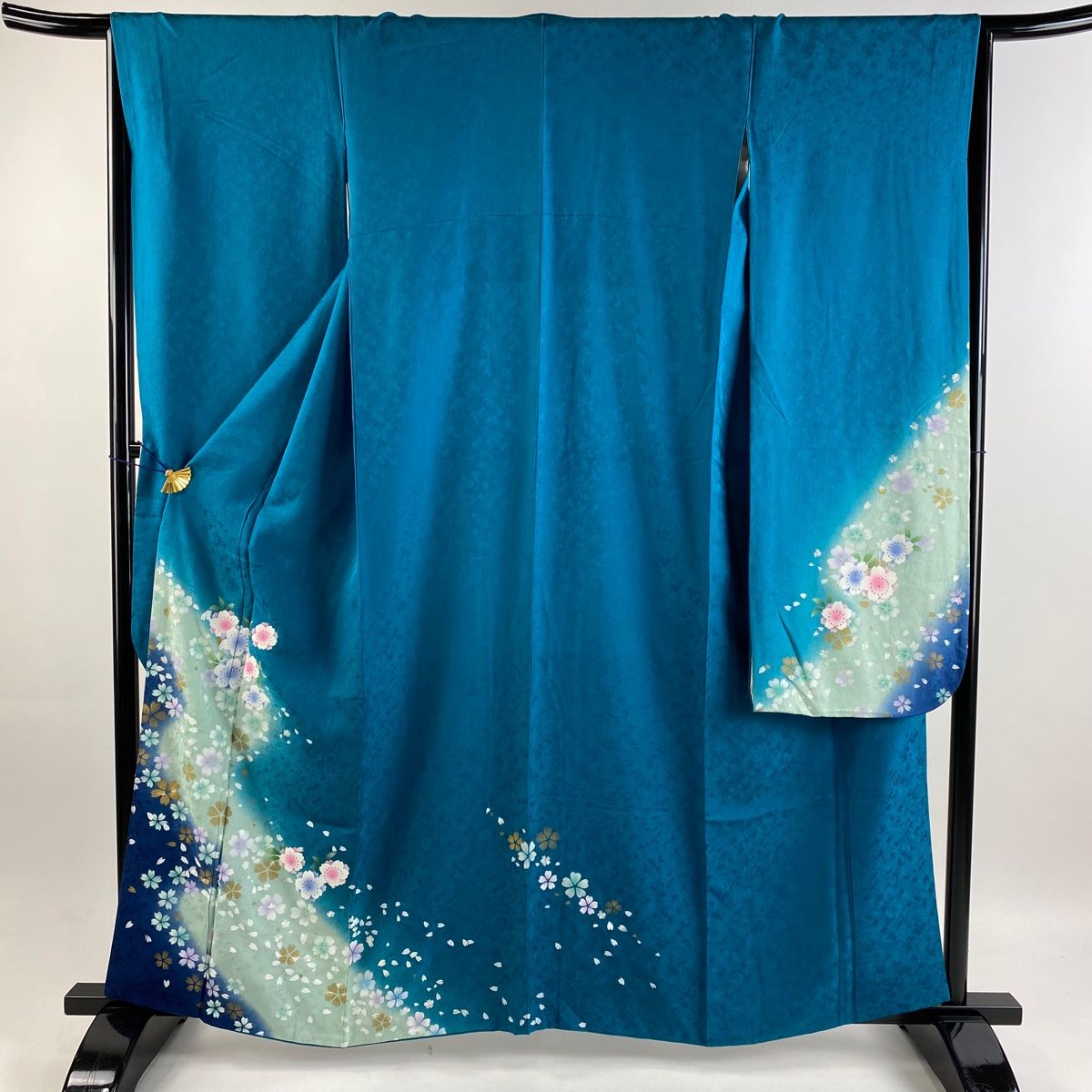 振袖 身丈160cm 裄丈65.5cm M 袷 桜 花びら 金彩 ぼかし 青緑 正絹 
