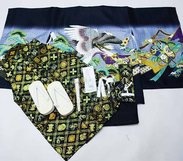 七五三 五歳 男児 羽織袴フルセット 着物 黒地 鷹 袴変更可能 NO37003 豪華安心12点フルセット】 七五三 着物 男の子 5歳 袴 購入 販売