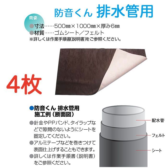 防音くん 排水管用 4枚 セット 500mm×1000mm 厚み6mm 2階建て以上の戸建住宅やマンション アパートなどの集合住宅における階上のトイレや洗面所からの排水の音を軽減 日本特殊塗料 ニットク 水洗トイレの音が気になりませんか