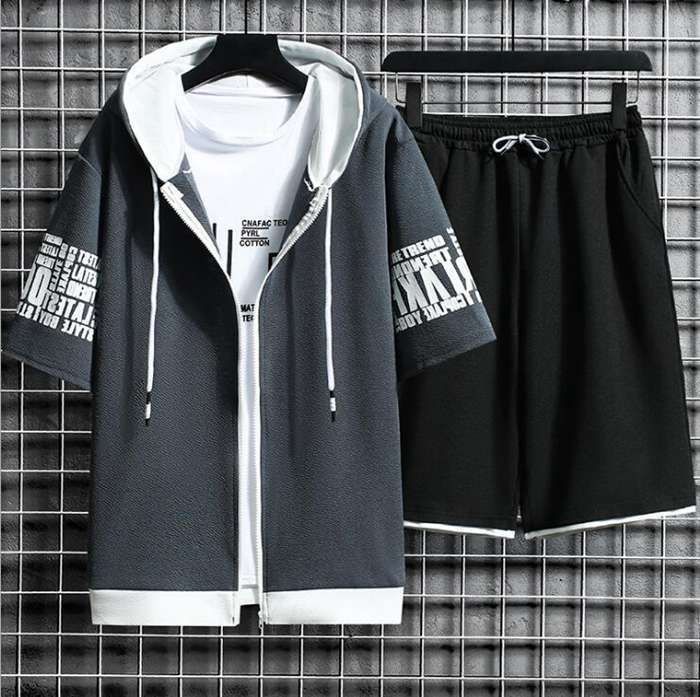 【THEAIRTOWN】ツーライン フード 半袖 パーカー& パンツ SET 上下セット セットアップ パーカー ショートパンツ 切り替え
