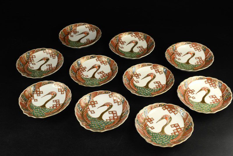 蔵A3492】古伊万里 色絵金彩鶴文 輪花型皿 五寸皿 十