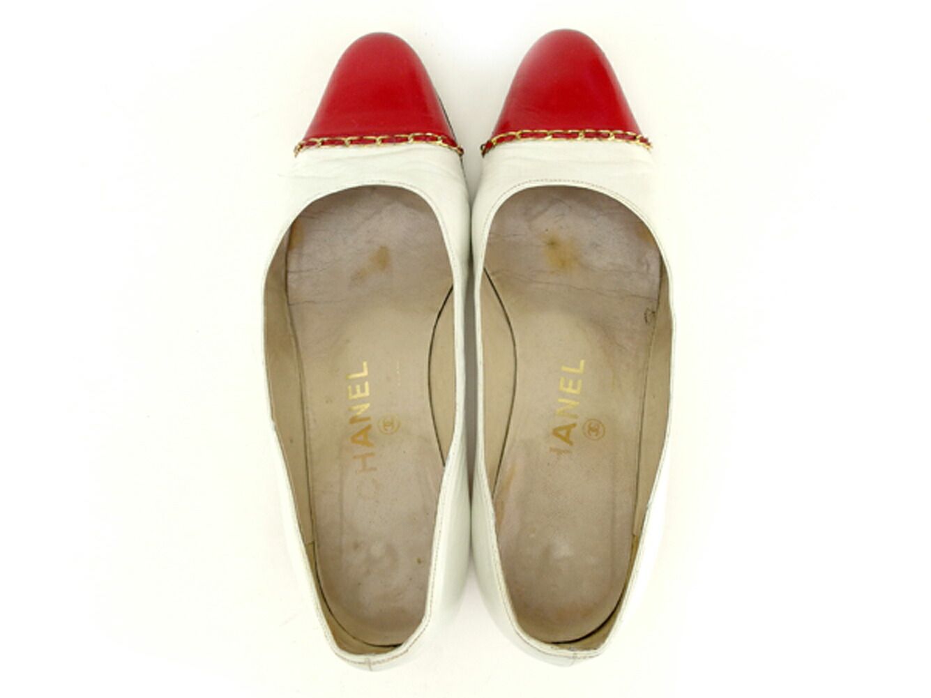 シャネル CHANEL パンプス バイカラー ♯6 チェーン付き ホワイト 白