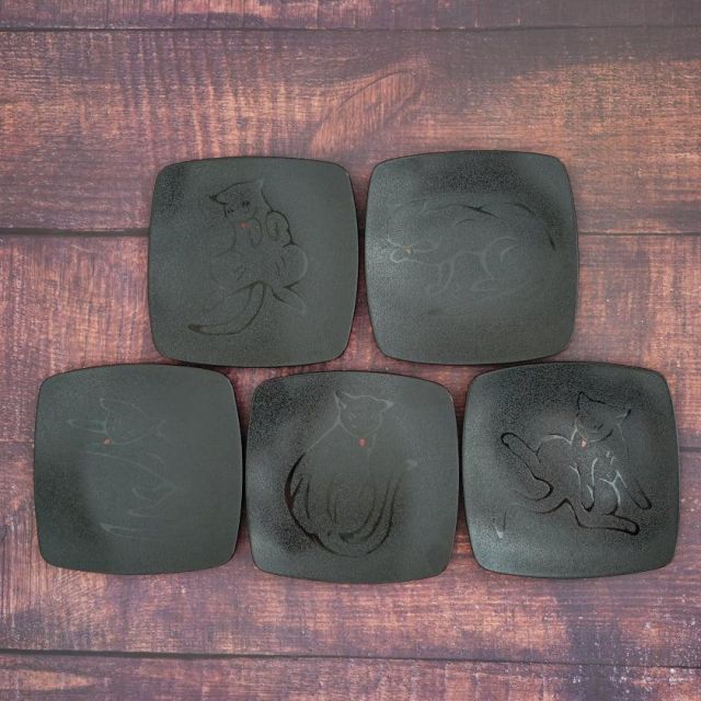 ほぼ未使用 懐石道具 輪島塗 木製黒真塗 会席膳 四方膳 4客揃 正角盆