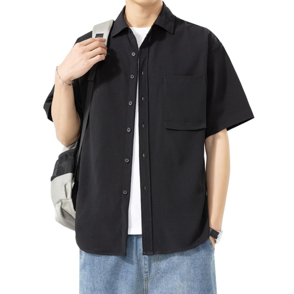 【迅速発送】Aaronlive メンズ 夏服 シャツ 半袖 カジュアル 無地 シャツ ゆったり 大きいサイズ 柔らかい シンプル おしゃれ メンズ シャツblack M