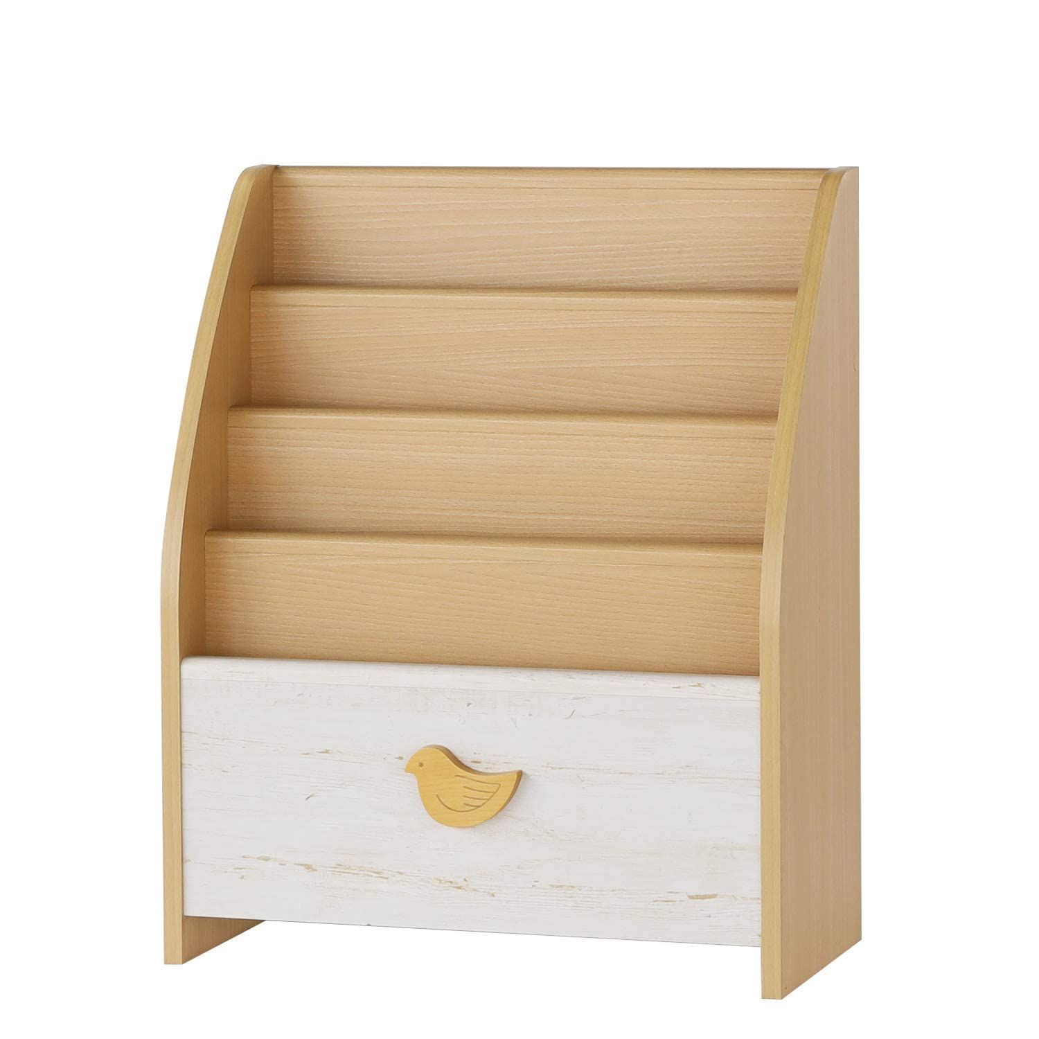 在庫処分 子供 収納 木製 リビングに置ける北欧テイスト ラック かわいい 鳥のオーナメント 絵本棚 ナチュラルブラウン 幅56.3 表紙が見える 高さ69.6 奥行26.5cm 白井産業 LAK-7055BSA ランドキッズ