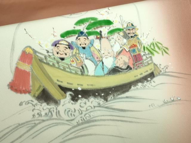 平和屋着物■極上　塩瀬　九寸名古屋帯　手描き　七福神　深支子色地　逸品　DZAA6788kh5 平和屋着物□極上 塩瀬 九寸名古屋帯 手描き 七福神 深支子色地 逸品