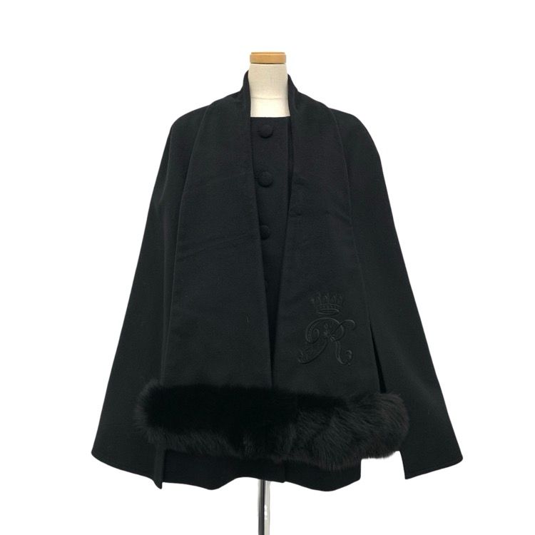 Rene ルネ ストール付ケープ コート ポリー R刺繍 カシミヤ混 フォックスファー ブラック 36 6138240