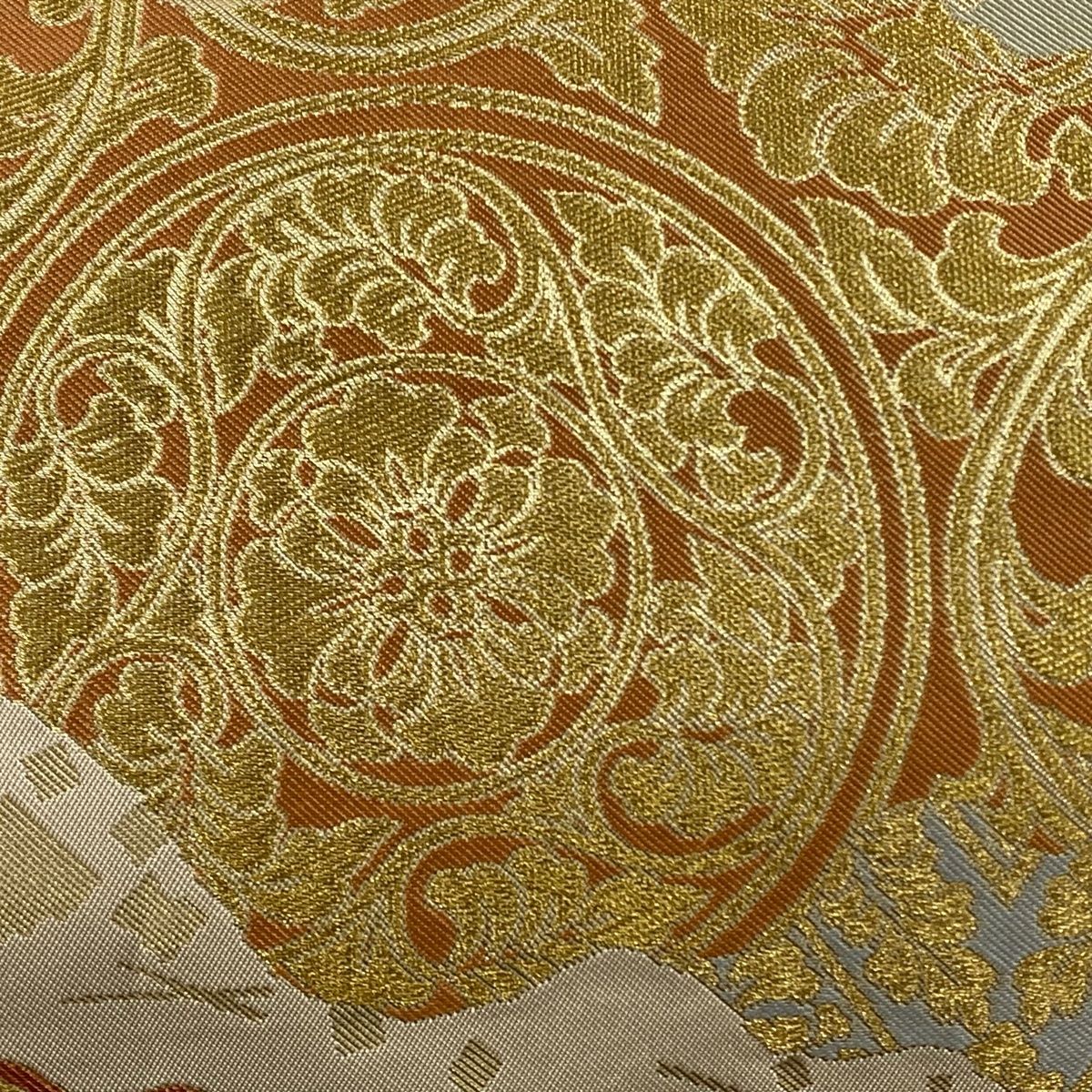 袋帯 美品 名品 川島織物 落款 花唐草 波 金糸 箔 金色 六通