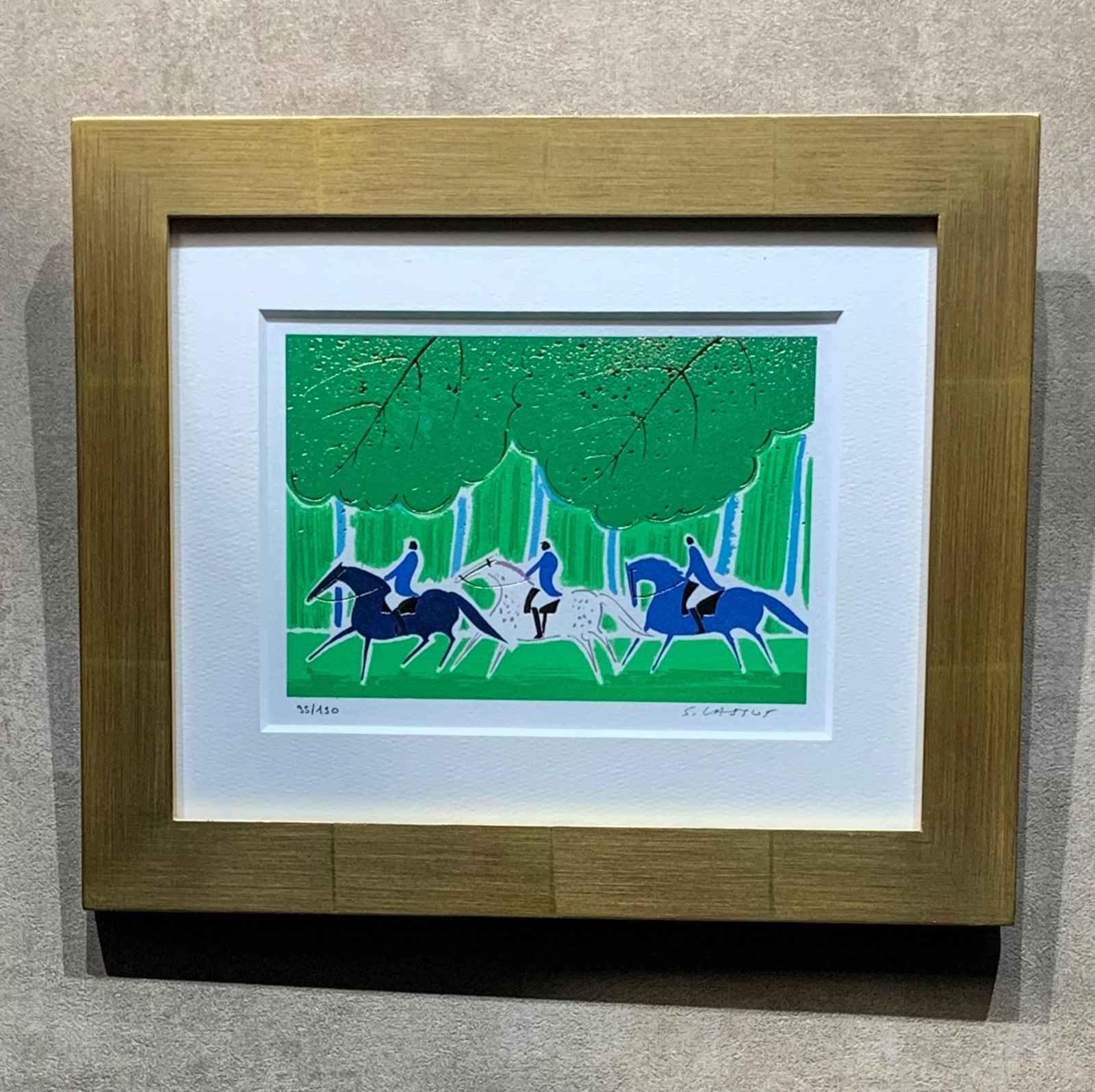 額付 真作 三人の騎手 セルジュ ラシス Serge Lassus リトグラフ 箔押し 作家直筆サイン 版画 版画