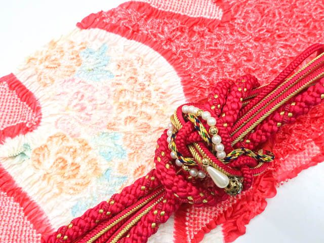 【一輝堂】【着物】和装小物　帯締め帯揚げセット　振袖用　丸組　金糸　撚房　総絞り　飾り紐付き　帯締　帯揚　25w03-4259