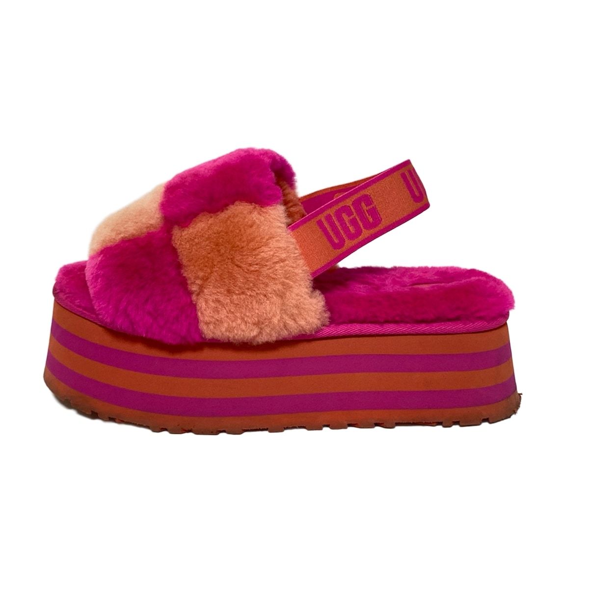 UGG アグ サンダル 25 レディース ディスコチェッカースライド 1113490 ピンク×ライトピンク チェック柄 ファー