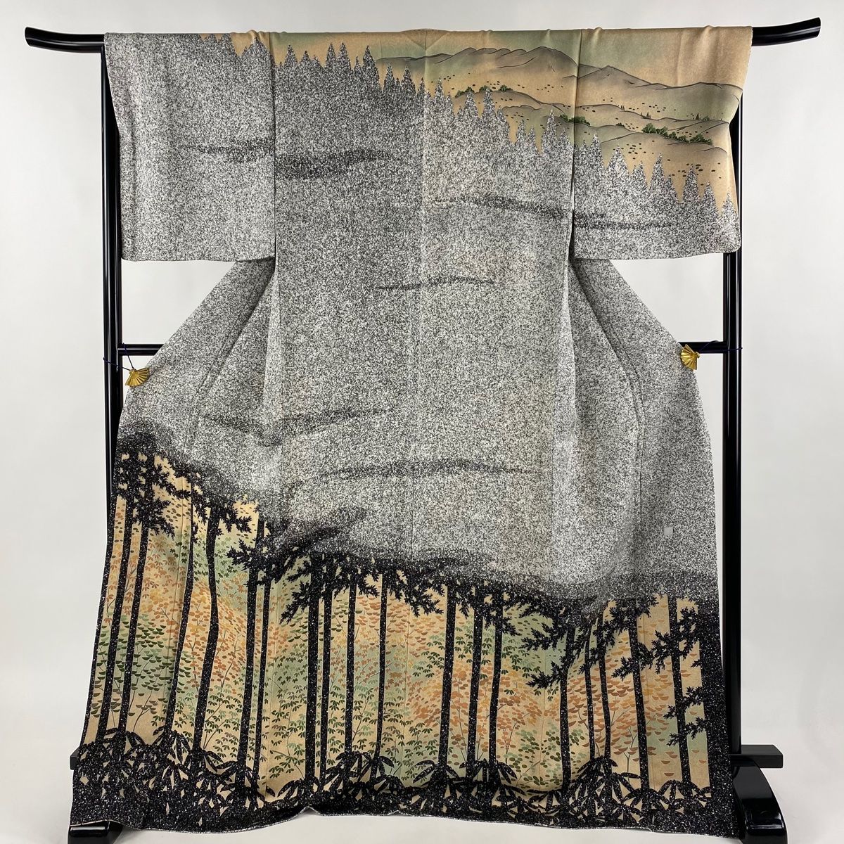 訪問着 身丈172cm 裄丈68.5cm L 袷 竹 シルエット 金彩 染め分け 薄茶色 正絹 名品