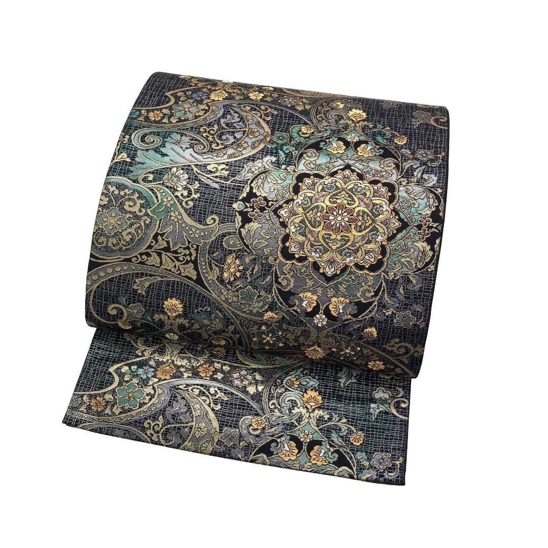 袋帯 カシミール華文 美しい華柄模様 陶彩箔 黒色 O-5631