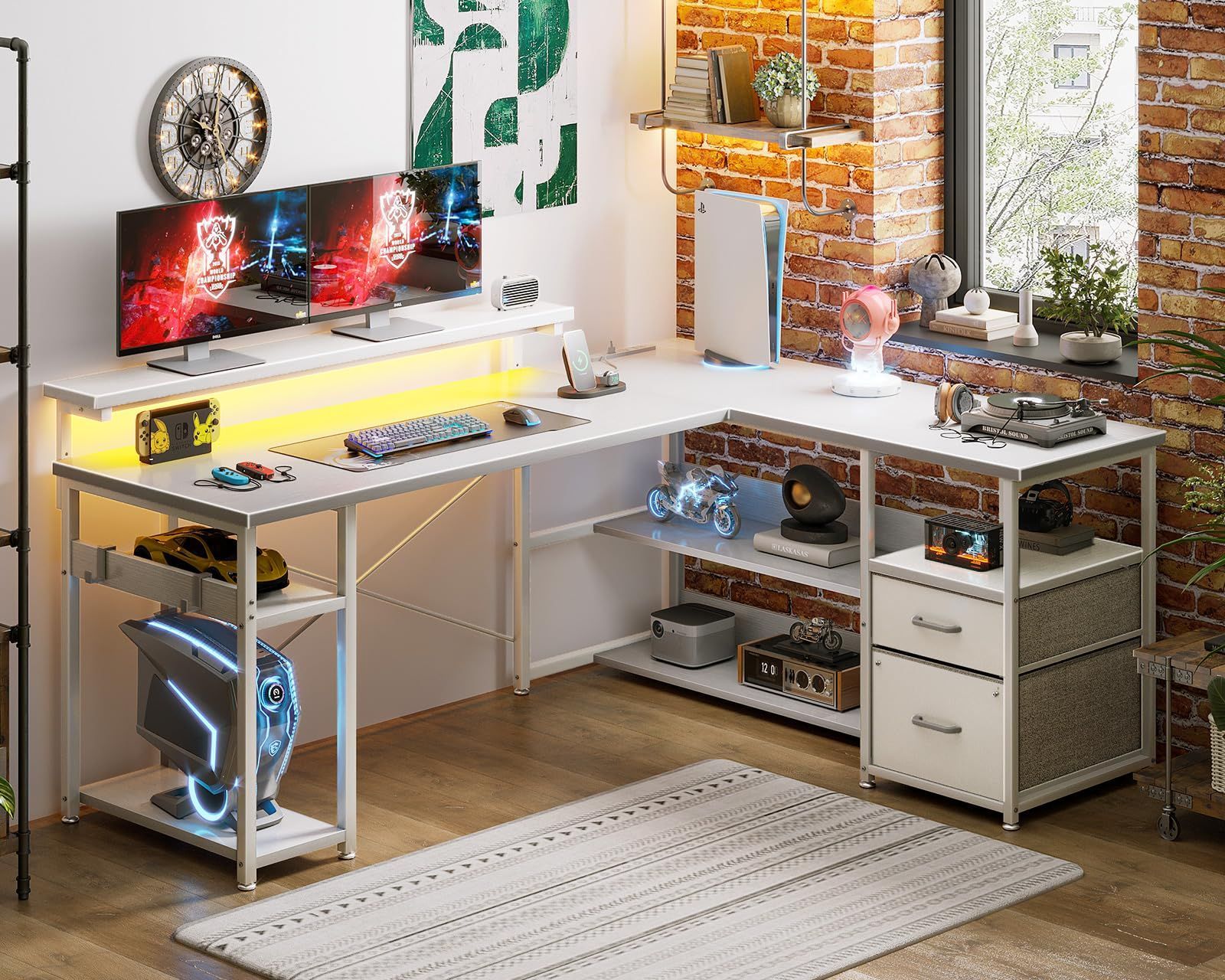 ODK パソコンデスク 引き出し付き ゲーミングデスク l字 コンセント付き