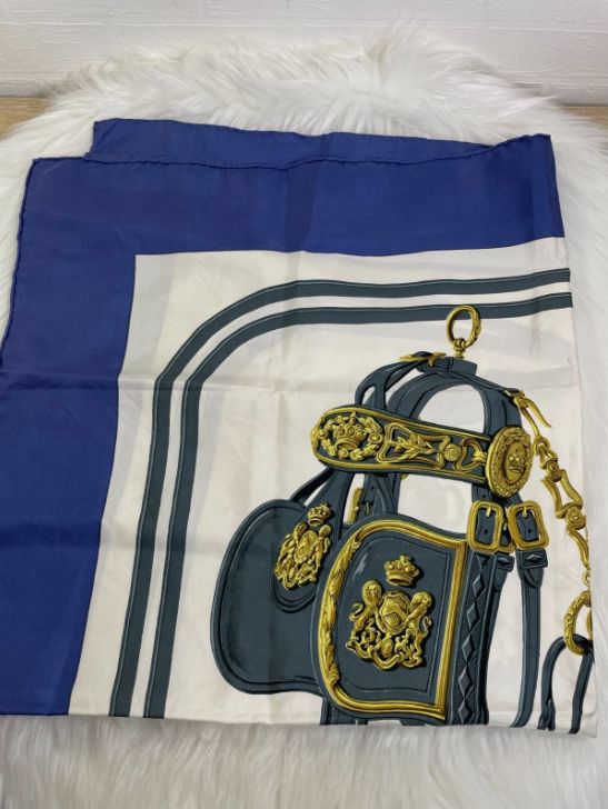 美品】Hermes エルメス スカーフ カレ 90 100% シルク ブルー 2507-99  