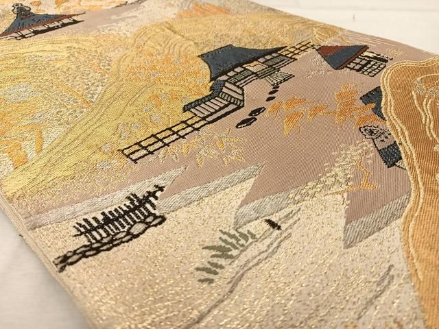 平和屋着物●六通柄袋帯　紬地　刺し子　成物　流水吉祥文　正絹　逸品　CABC5549hy 平和屋着物○六通柄袋帯 紬地 刺し子 成物 流水吉祥文 正絹 逸品