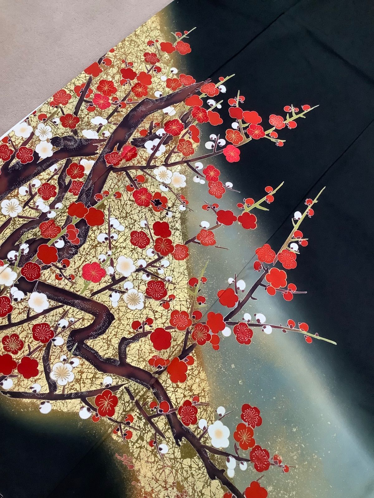 正絹 黒留袖 リメイク用 着物 金駒 刺繍 扇 鶴 梅 3枚セット
