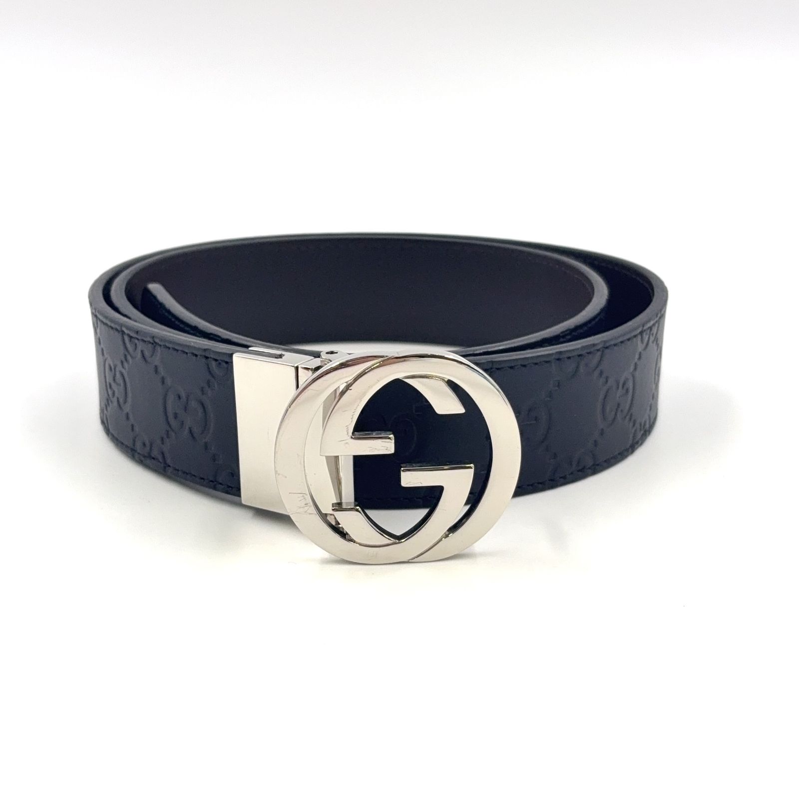 美品✨グッチ　インターロッキング　ロゴベルト　シルバー×ブラック　レディース GUCCI シグネチャー インターロッキングG グッチシマ レザー