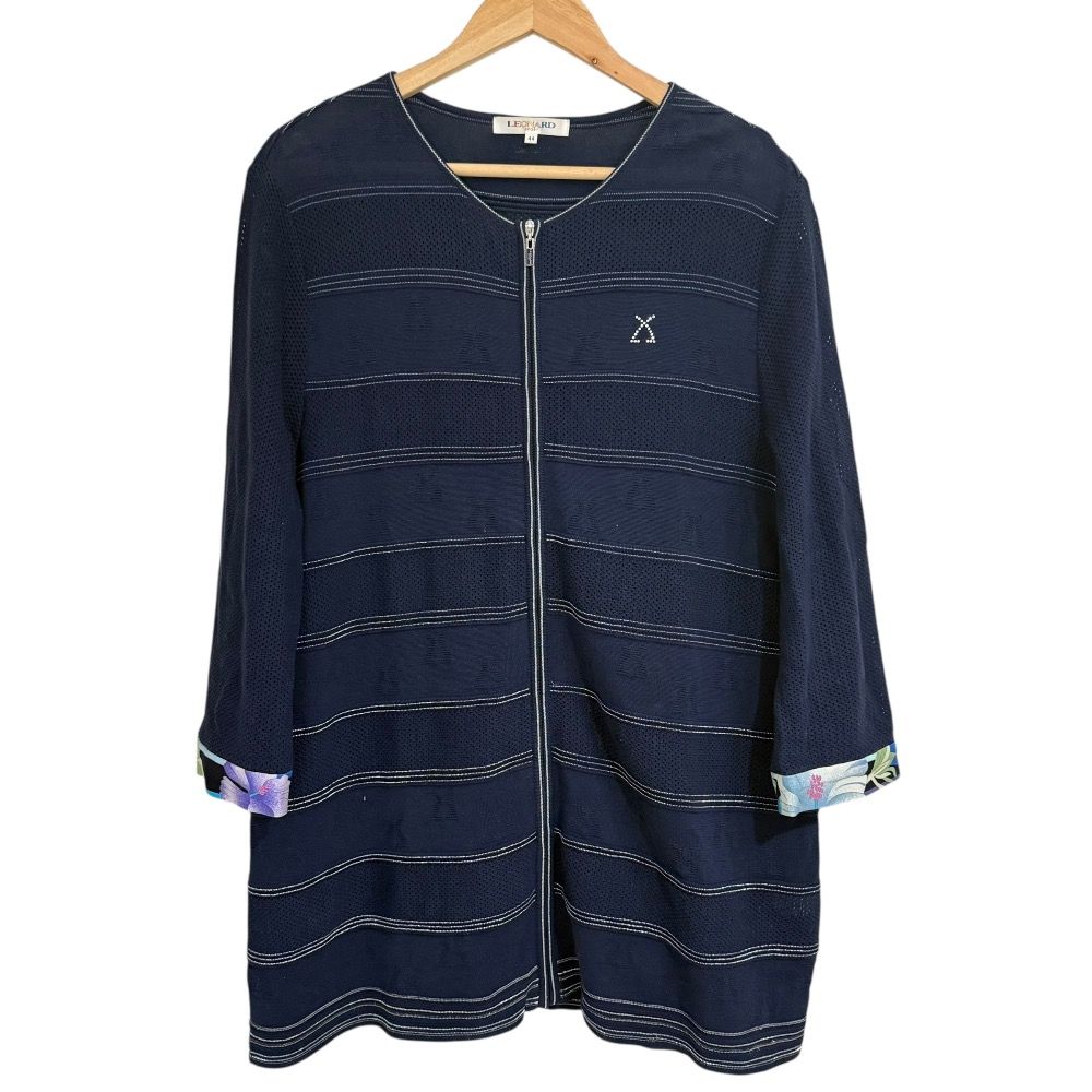 LEONARD SPORT レオナールスポーツ フラワープリントトリム ジップアップ ニット ノーカラーコート 44 ネイビー レディース 古着