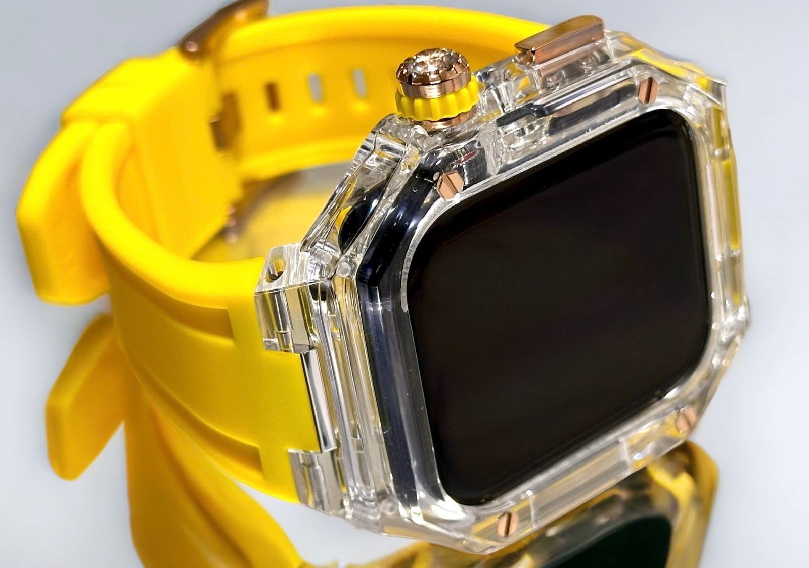 ローズゴールド クリア イエロー アップルウォッチ ラバーベルト カバー クリア ケース 40mm 41mm 44mm 45mm 4 5 6 7 8 9 se スポーツ メンズ レディース 4スクリュー Apple Watch バンド