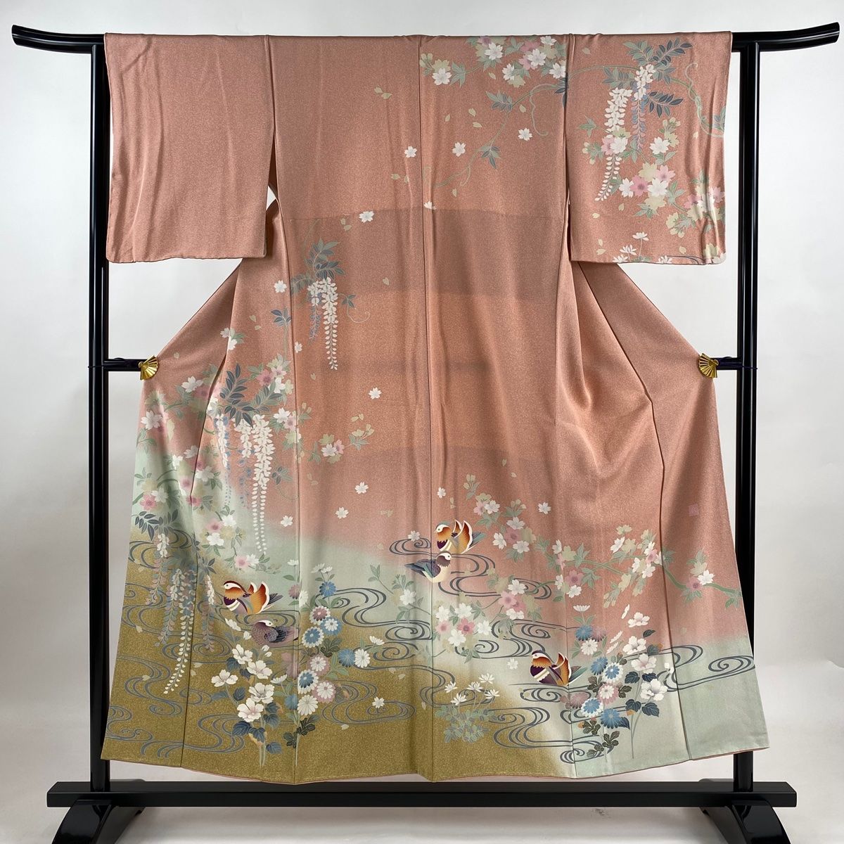 訪問着 身丈153cm 裄丈63cm S 袷 落款 鴛鴦 桜 染め分け ぼかし ピンク  