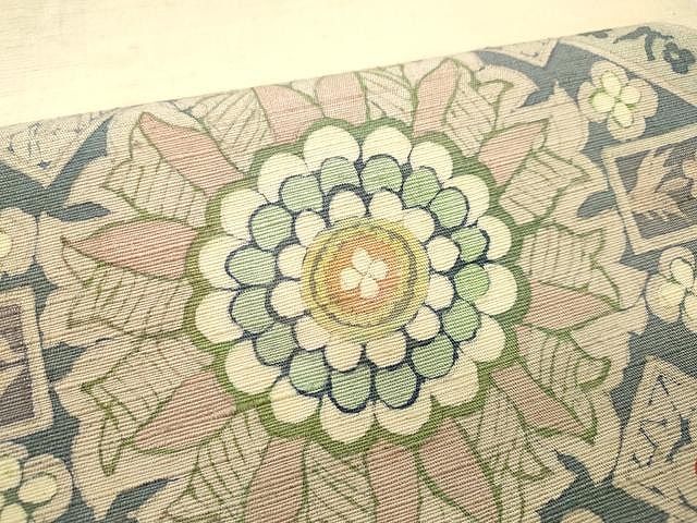 平和屋着物○太鼓柄袋帯 作家物 紬地 型染め 正倉院菱花文 正絹 逸品