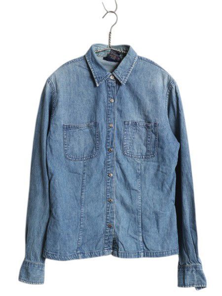 90s ラルフローレン デニム シャツ レディース M / オールド ポロ コットン 長袖シャツ ポニー無し ガチャポケ ショート丈 細身 無地 短丈 お得なクーポン配布中!】 90s ラルフローレン デニム シャツ