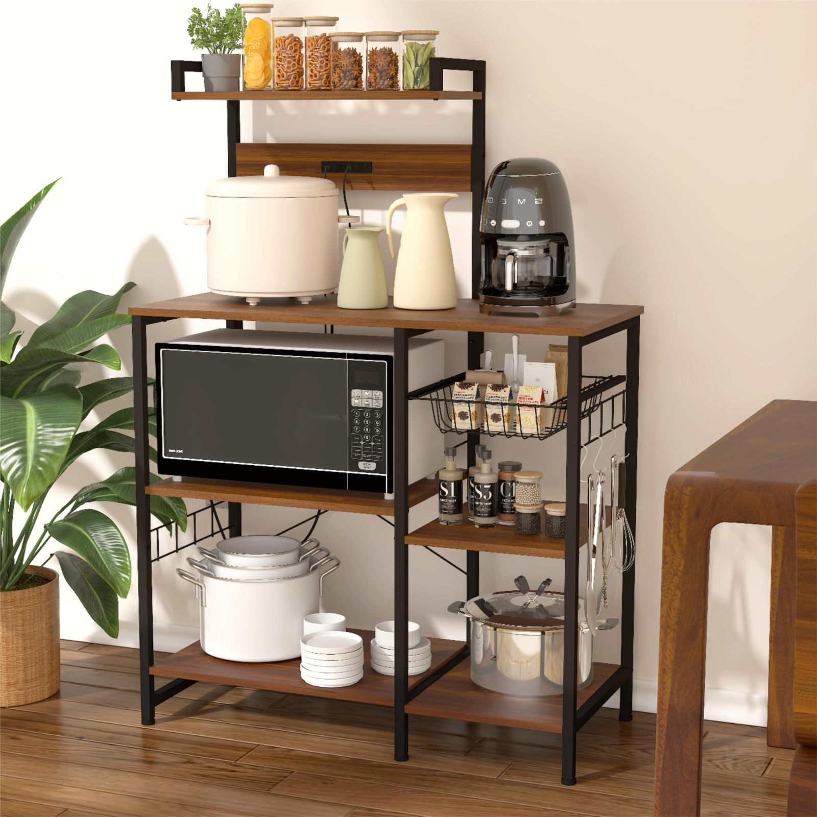 【美品】 3段レンジボード 電源コンセント付き　レンジ台 大型電子レンジ対応 全体耐荷重100kg S字フック5個付 キッチン棚