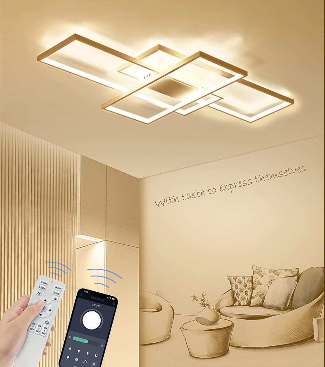 【新品】 LEDシーリングライト ゴールド リモコン付き スマホ制御可能 14畳 LED シーリングライト 14畳 APP遠隔制御 無段階調光調色 リモコン付き