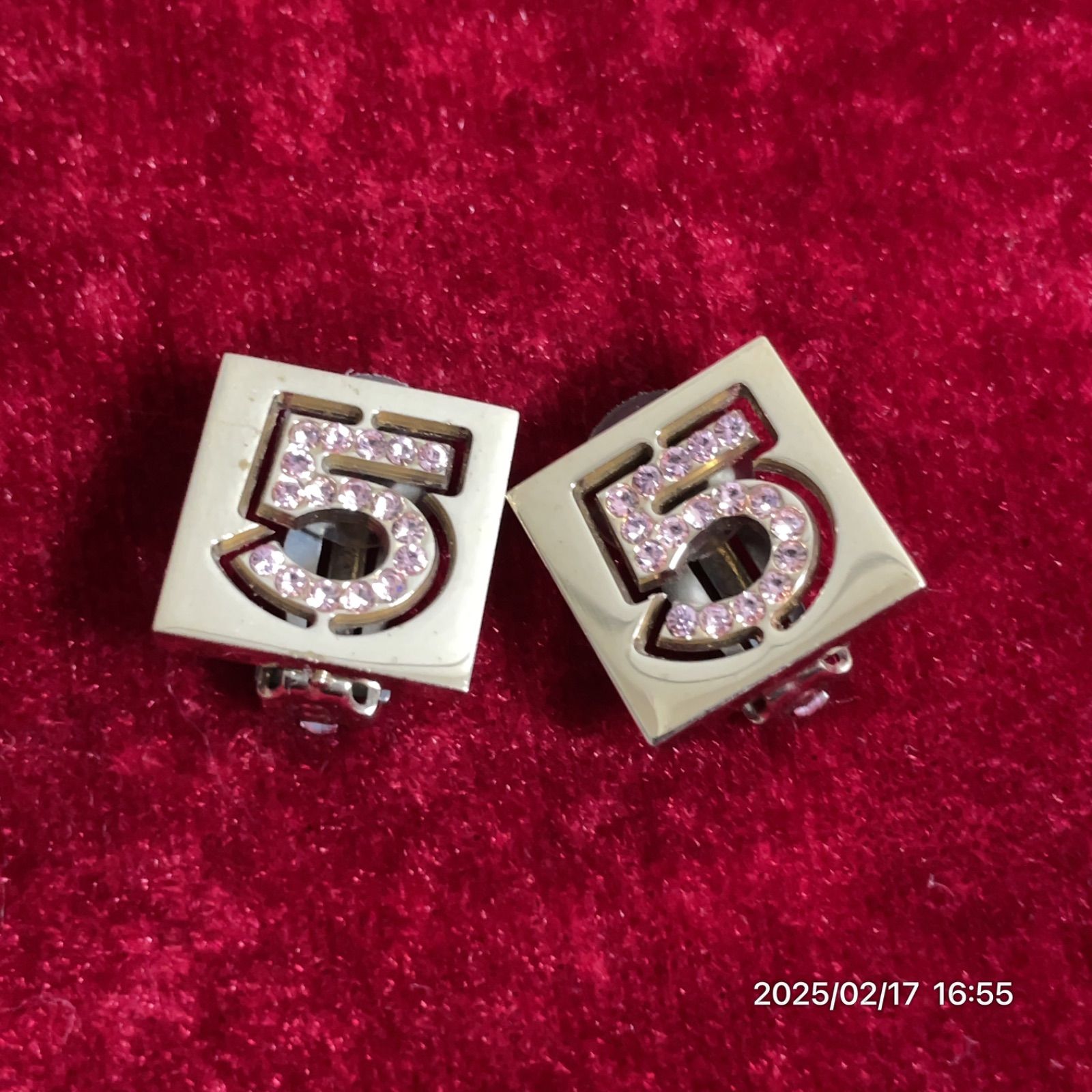 美品 CHANEL シャネル No.5 ラインストーン スクエア ピンク×ゴールド 