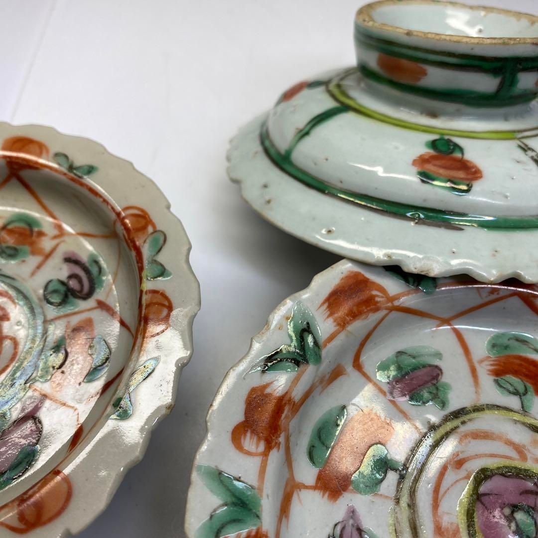 タイ王国 18世紀 ベンチャロン古赤絵 台皿5客 トヒニ 東さ7-0819