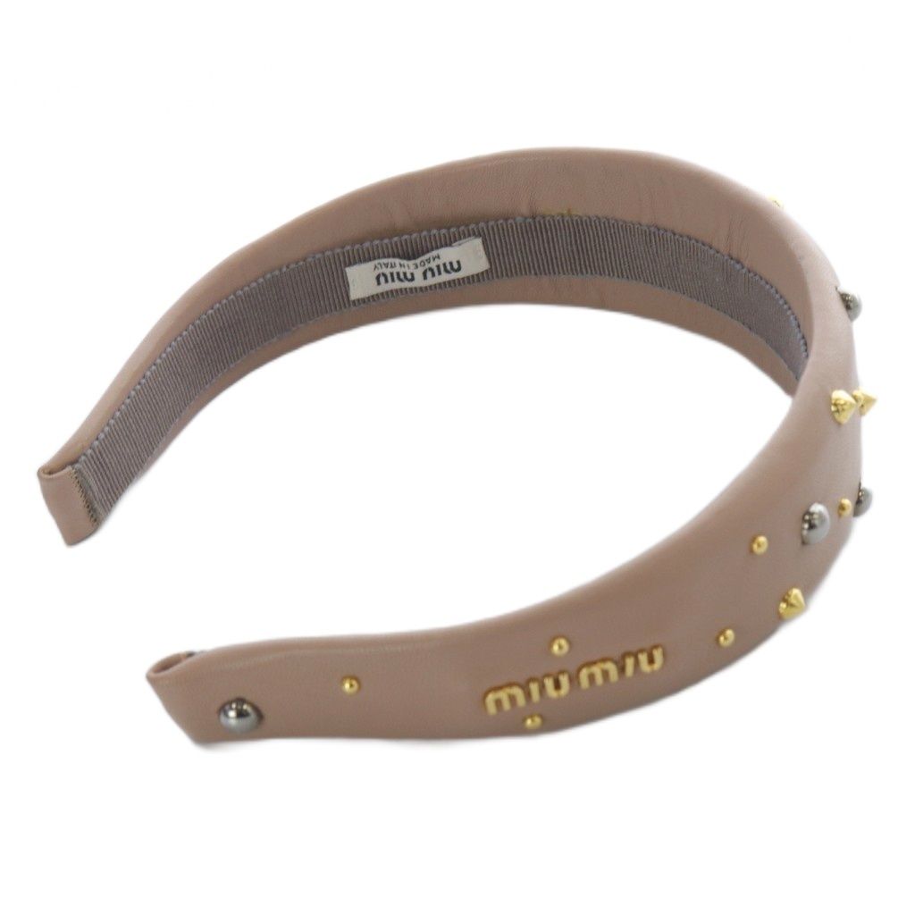 ミュウミュウ miumiu カチューシャ ロゴ レザー ピンクベージュ