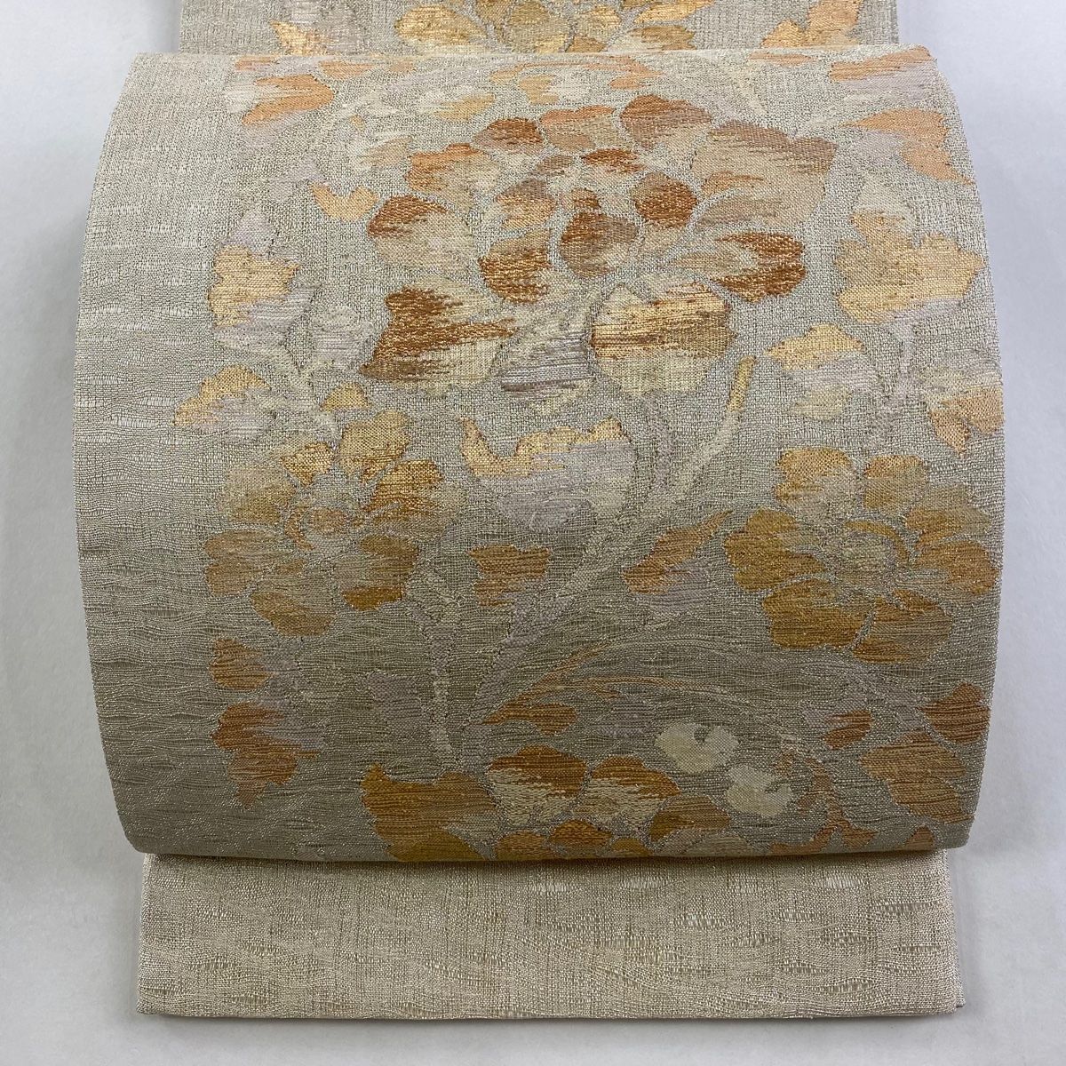袋帯 秀品 草花 箔 金糸 灰茶 お太鼓柄 正絹