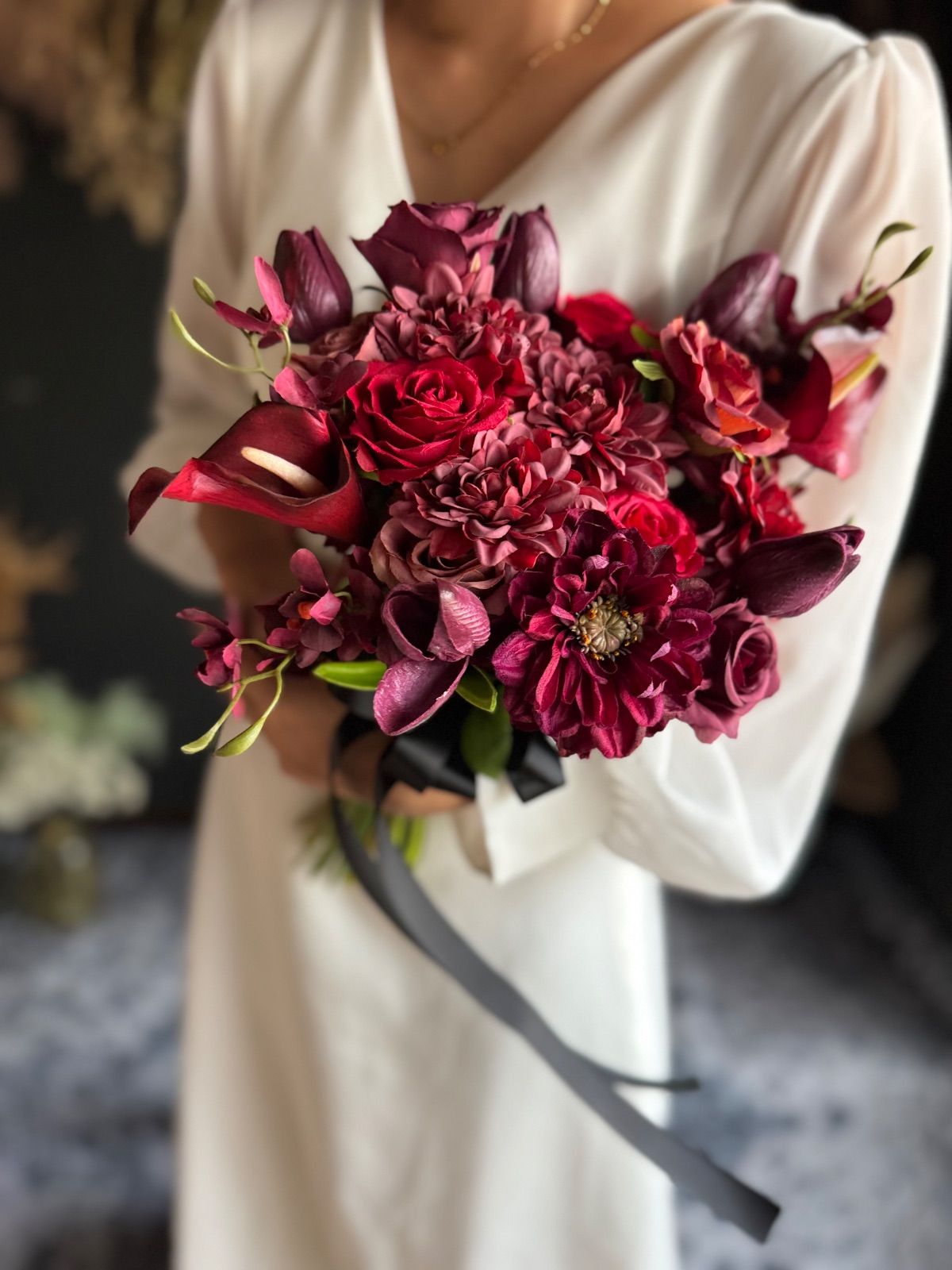 ダリア×チューリップクラッチブーケ☆ブートニア アーティフィシャル