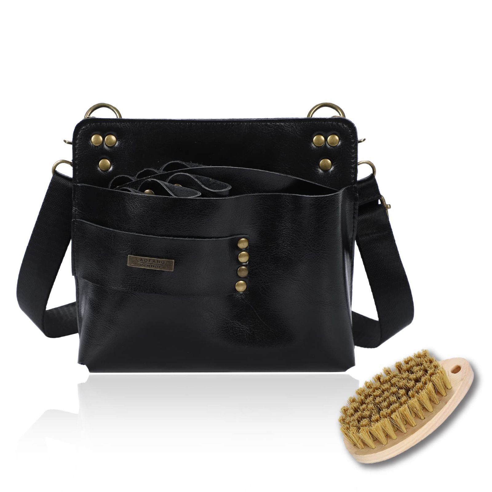 ブラック KONGPEN シザーケース 本革 ハサミ7丁 ブラシ・説明書付き 美容師 フローリスト トリマー (ブラック)