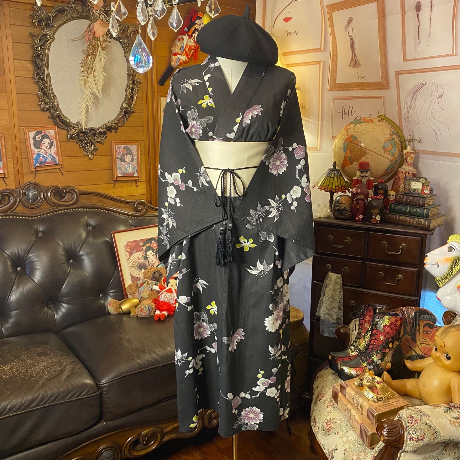 浴衣 リメイク セミロング ワンピース ドレス 帯サッシュベルト 和洋  