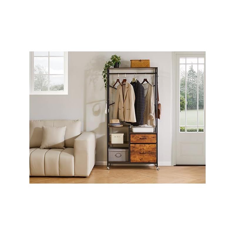 Aibiju ハンガーラック 引き出し付き 洋服掛け スタンド ハンガーシェルフ 棚付き 幅84×奥行35×高さ170cm 服収納ラック ワードローブ 頑丈 ヴィンテージ YD-TM080H 1