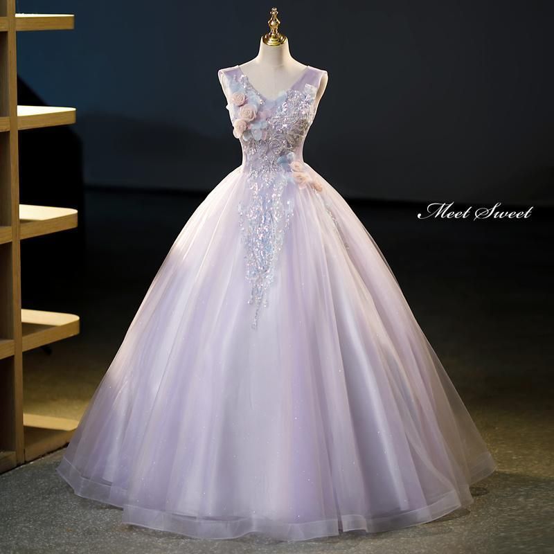 ドレス プリンセスライン パープル 紫 袖なし ビーズ 花 ロングドレス ウェディングドレス 結婚式 二次会 花嫁 前撮り 演奏会 発表会