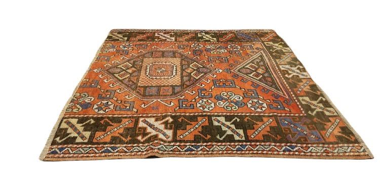 レア　パンプキンオレンジ 幾何学文様 132×126 トルコヴィンテージラグ レアパンプキンオレンジ 幾何学文様 132×126 トルコヴィンテージラグ