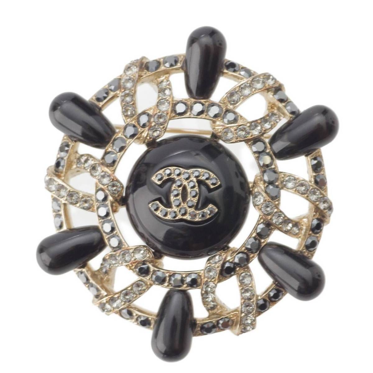 【シャネル】Chanel　18A ココマーク ストーン クリスタル 円形 ブローチ ゴールド金具 ブラック 【鑑定済・正規品保証】212562