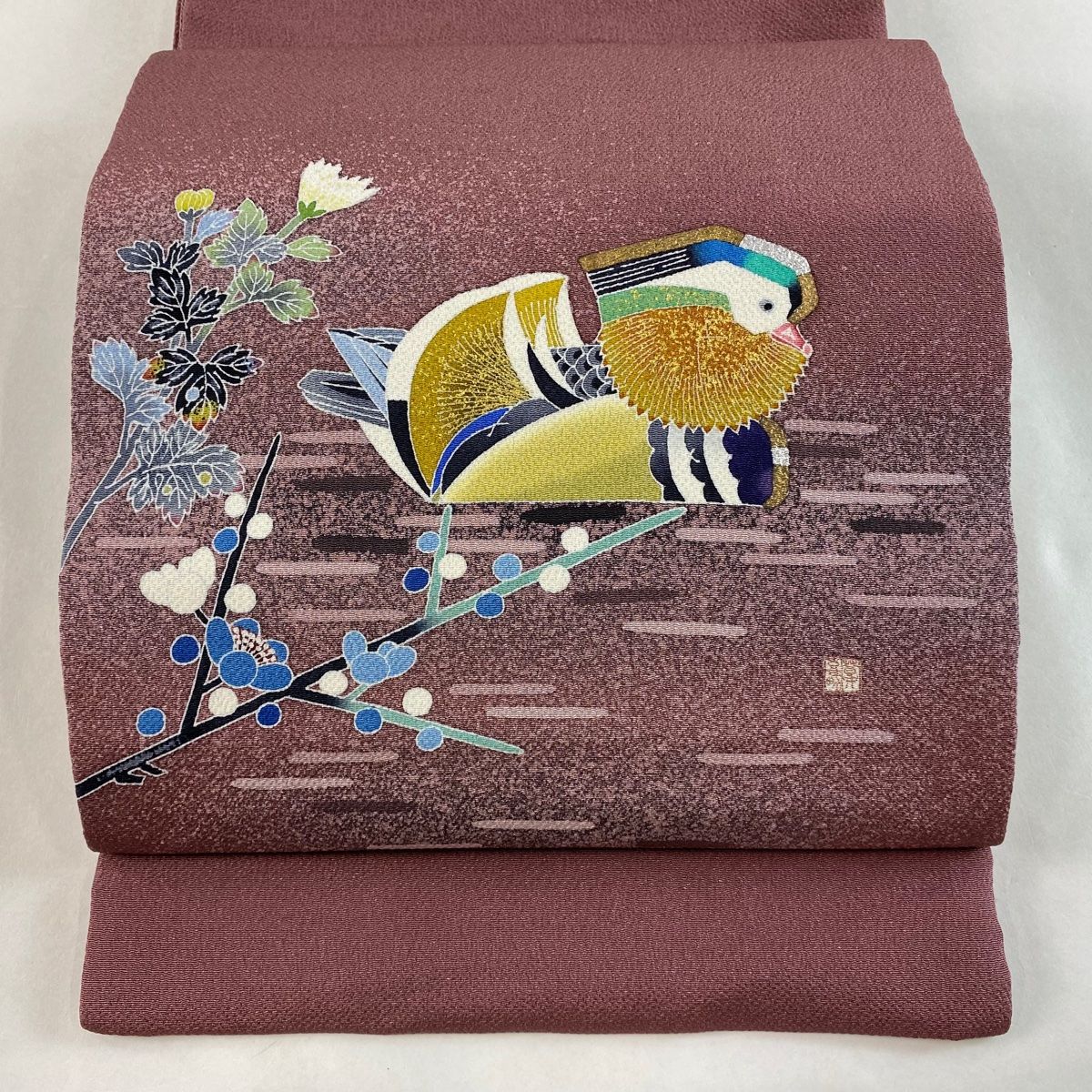 袋帯 逸品 人間国宝 羽田登喜男 落款 鴛鴦 菊 金銀彩 赤紫 お太鼓柄