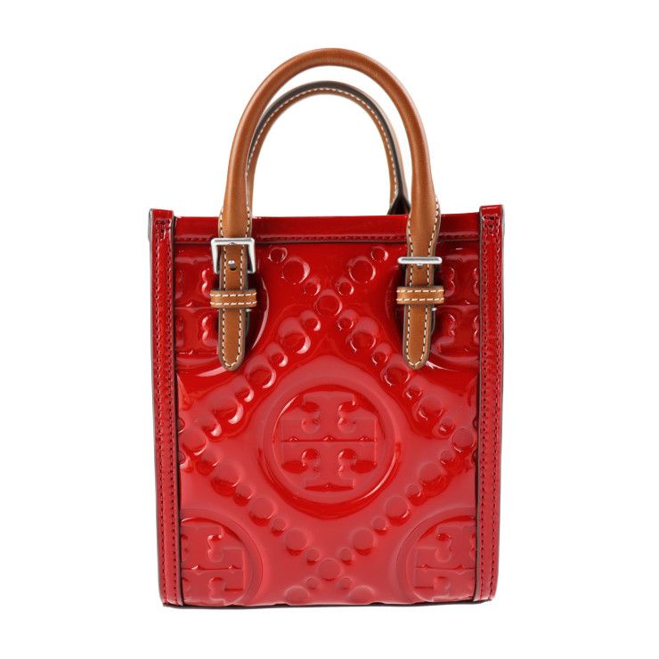 Tory Burch トリーバーチ 2WAY ミニ トート ハンドバッグ - パテントレザー レッド系 ブラウン シルバー金具 ショルダーバッグ  Tモノグラム 【本物保証】 - メルカリ